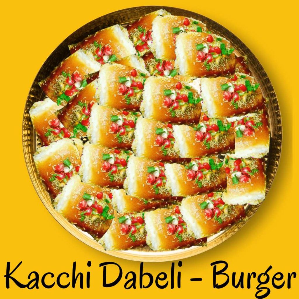 Kacchi dabeli burger featuring a spiced potato filling in a bun, garnished with chutneys and toppings, representing a fusion of traditional Indian street food and modern burger